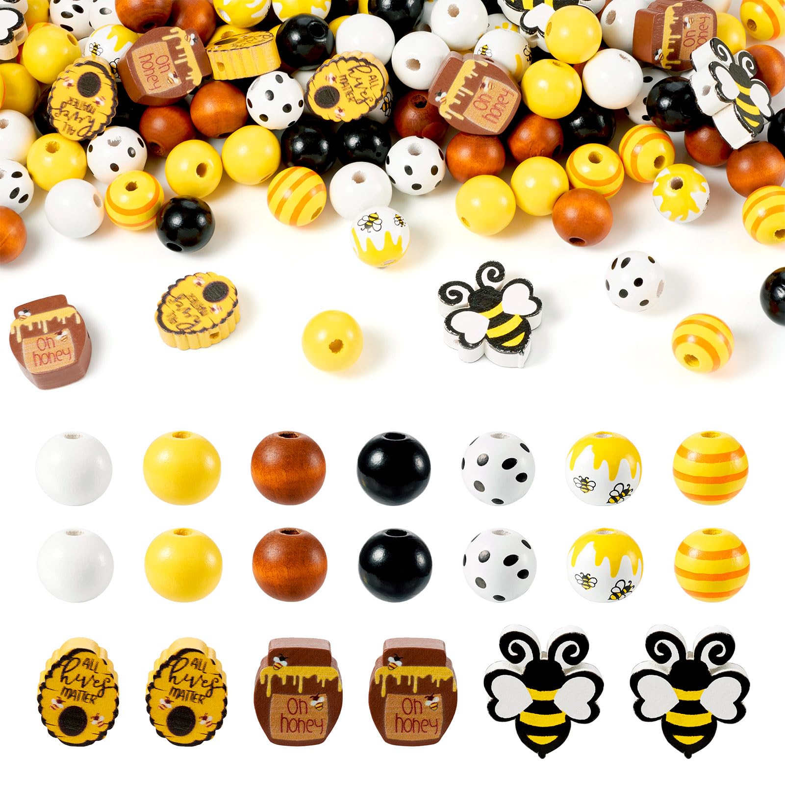 Crafans 125 Pcs Bee Theme Wooden Beads - Round, Honey Jar, Spacer Beads for Bracelet Jewelry Making — image 1