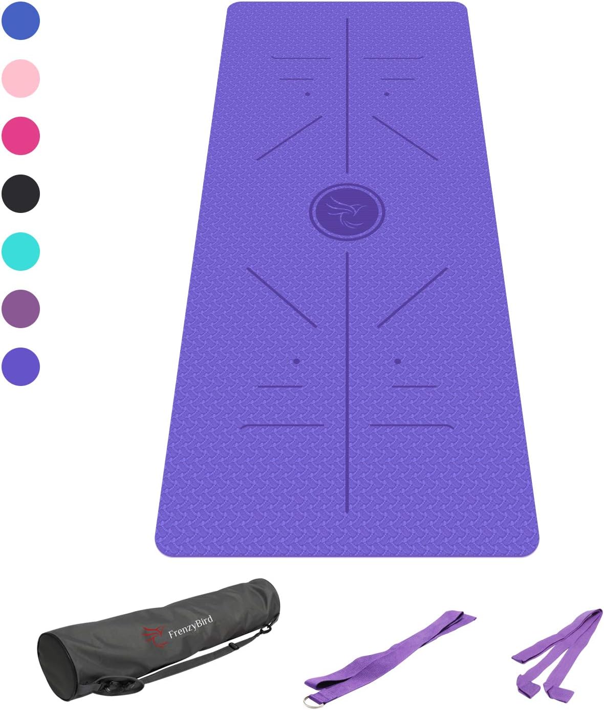 FrenzyBird Eco-Friendly,Reversible,Double-Sided TPE Yoga Mat with Stretch Strap,Carry Strap and Mat Bag, Free of PVC, Extra-Thick,Ideal for Yogis