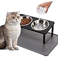 Upgraded Elevated Cat Bowls with Food Mat,15°Tilted Stand Anti Vomiting Raised Cat Dishes for Food and Water,2 Stainless Steel Bowls for Cats and Puppy（Black）
