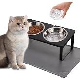 Summark Upgraded Elevated Cat Bowls with Food Mat,15&deg;Tilted Stand Anti Vomiting Raised Cat Dishes for Food and Water,2 Stainless Steel Bowls for Cats and Puppy（Black）