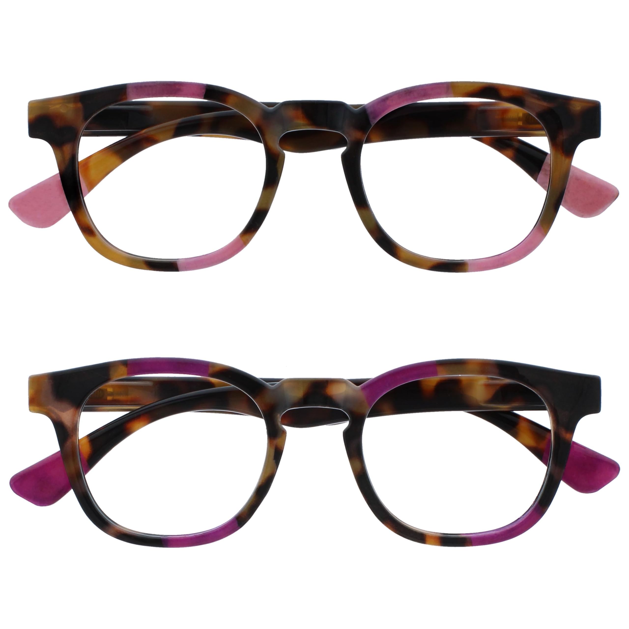 OPULIZE Ava Reading Glasses 2 Pack Flattering Rounded Frame Spring Hinges Scratch Resistant Brown Tortoiseshelll Pink Purple Mens Womens RR62-45 +1.50