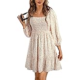 Gothden Women Casual Babydoll Dresses Boho Floral Square Neck Smocked 3/4 Sleeve A-Line Swing Mini Dress