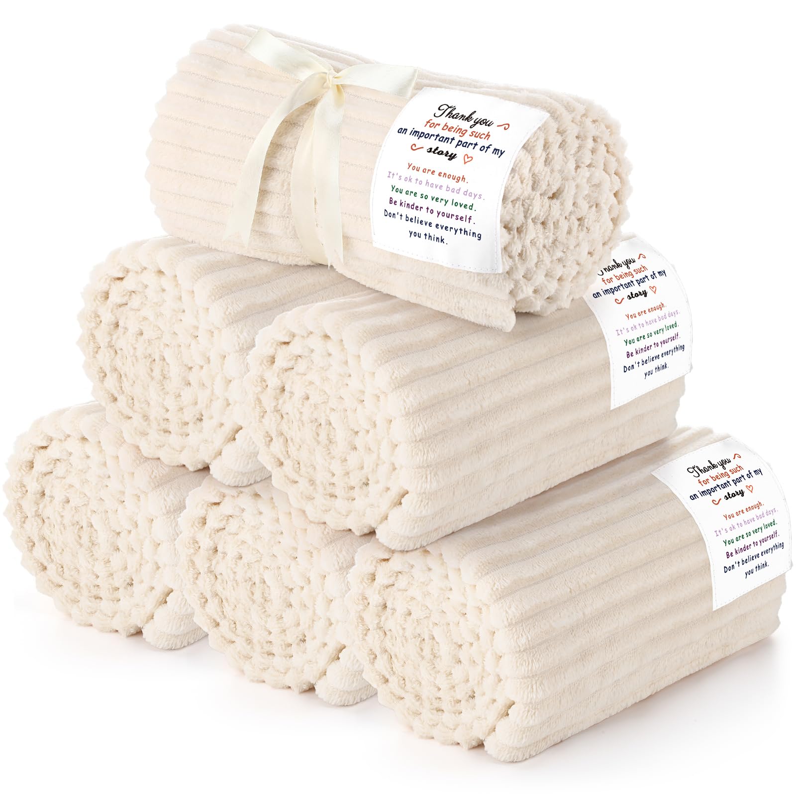 Photo 1 of Moukeren 6 Pack Inspirational Gifts Textured Thank You Blankets Bulk 50 x 60 Inch Fuzzy Cozy Throws with Motivational Quote Soft Flannel Fleece Throws for Employees Teachers Nurses(Beige,Kinder)