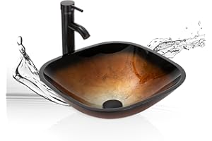 UEV Square 16.65"x 5" Glasses Vessel Bathroom Sink Combo with Oil Rubbed Bronze Faucet,1.5 GPM Faucet,Pop Up Drain,Mounting Ring, Countertop Vessel (Square Brown)
