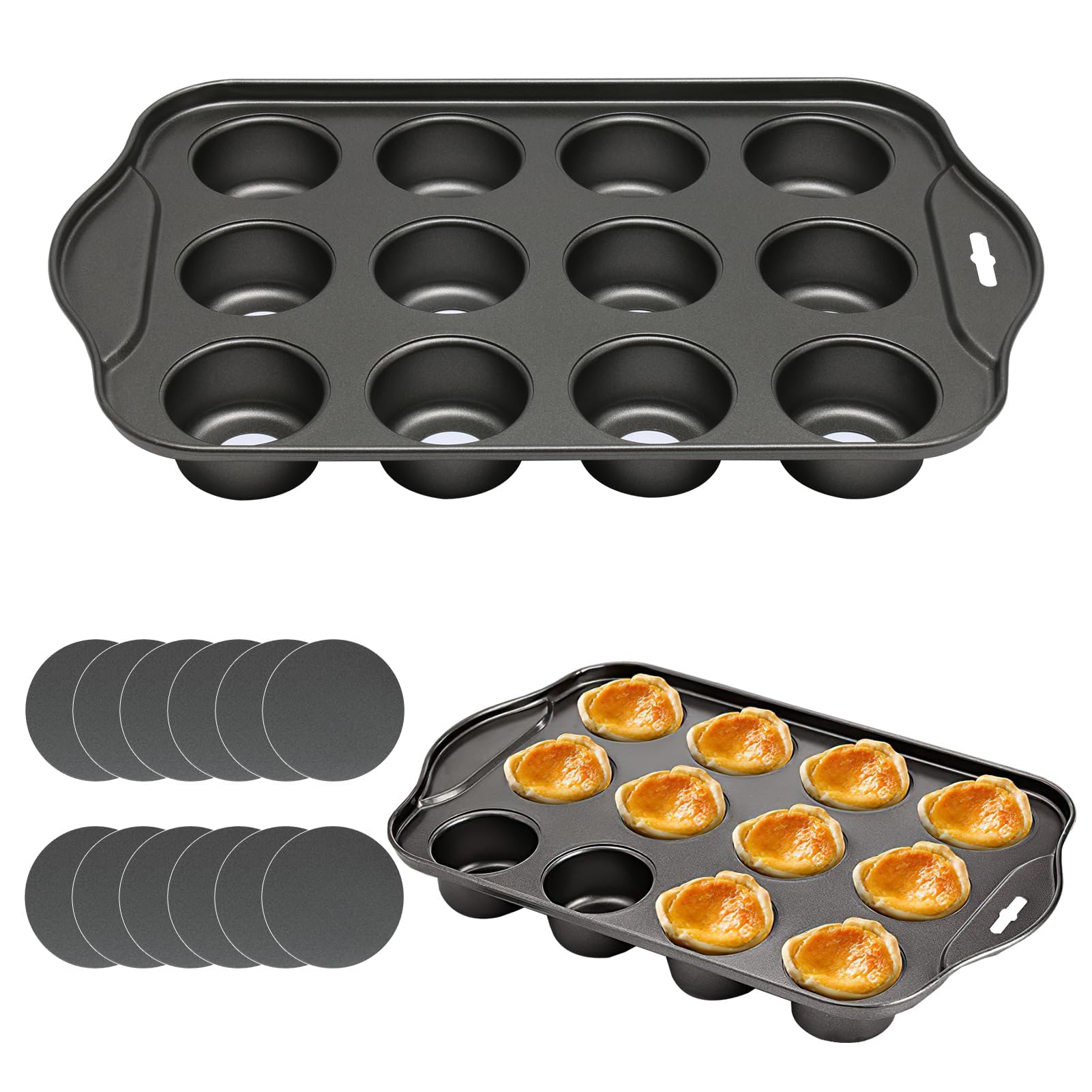 12 Cup Non-Stick Loose Bases Mini Sandwich Tin Baking Tray Carbon Steel Cupcake Mould Non Stick Coating Muffin Pan Reusable Removable Bottom Bakeware, Dishwasher Safe, 33x21x4cm