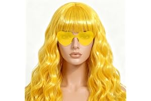 FSLLZCJY Long Curly Wave Wig with Heart Sunglasses and Hair Cap – Set of 3 | Colorful Colored Party Wigs Funny Costume Hairpieces for Halloween Cosplay (Yellow)