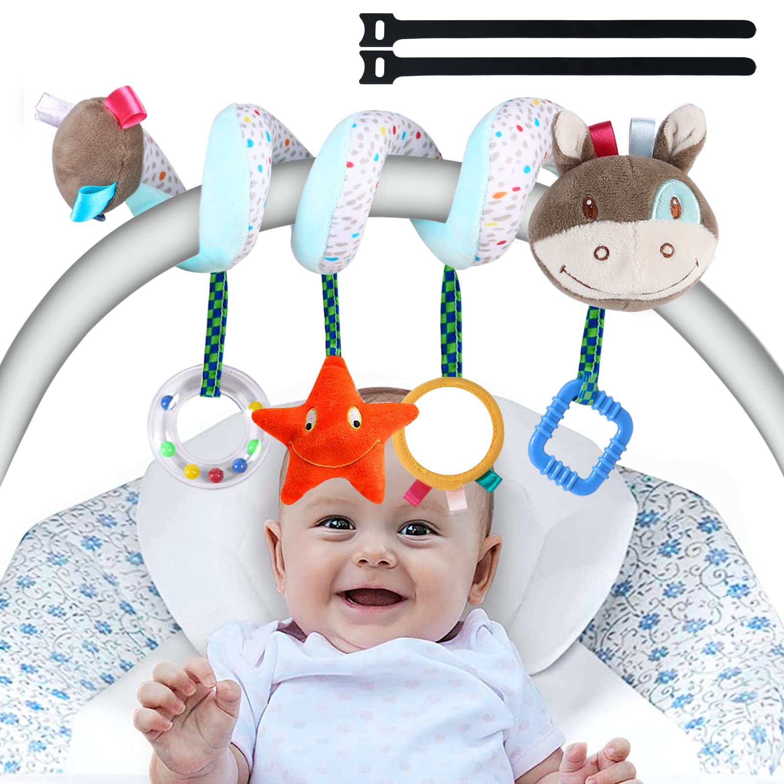 XIXILAND Car Seat Toys for Babies 0-6 Months, Stroller and Infant Toys 0-3 Months, Newborn Brain Development Crib Hanging Toys With Mirror, Rattles, and Teether