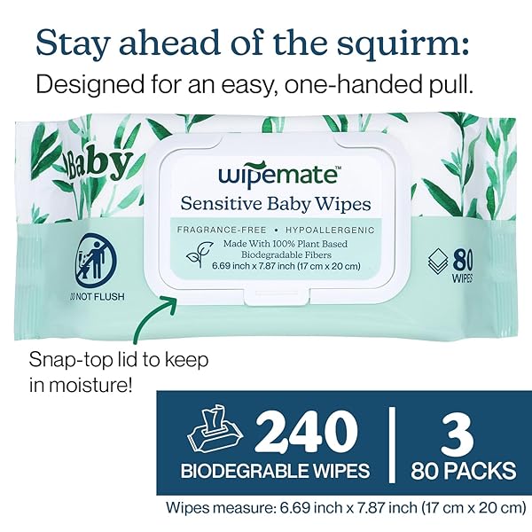 WIPEMATE EWG-VERIFIED PREMIUM UNSCENTED BABY WIPES, 99% WATER-BASED, PLASTIC-FREE, ULTRA-SOFT PLANT-BASED WIPE, CHLORINE & ALCOHOL-FREE, PH-BALANCED, HYPOALLERGENIC, DURABLE FLIP-TOP LID (240-CT)