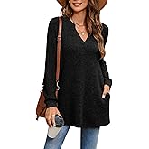 BZB Womens Fall Sweaters Long Sleeve V Neck Tunics Tops Side Split Casual 2026 Sweatshirt with Pocket