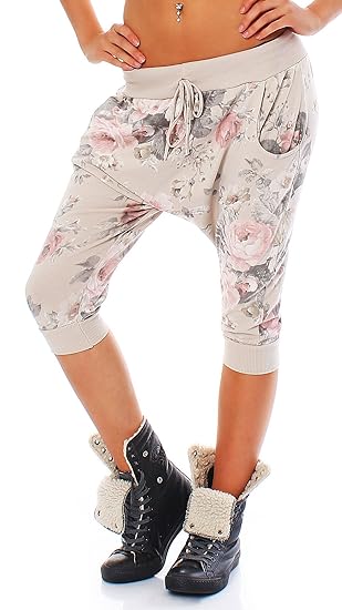 Malito Damen Haremshose kurz | Boyfriendhose im Baggy Style | Jogginghose mit Rosen Print | Pants - Bermuda 20027