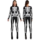 Women's Skeleton Costume, Front and Back Bone Print, Full Bodysuit Jumpsuit | Full-body long-sleeve skeleton jumpsuit with front and back bone print for Halloween, cosplay, parties, dance and stage wear