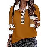 Zeagoo Womens Sweatshirt Henley V Neck Button Down Shirts Color Block Blouses Pullover 2025 Fall Business Casual Outfits