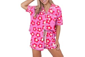 KevaMolly Womens Pajama Sets Pink Flower Print Buttoned Drawstring Waist Lounge Set Short Sleeve Top and Shorts