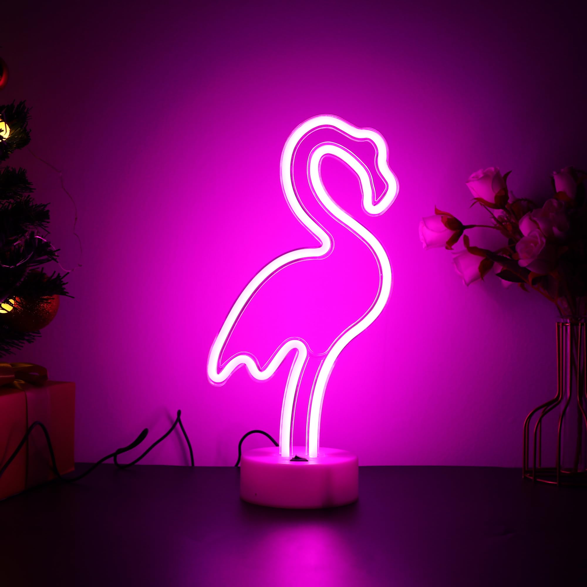 ENUOLI LED Flamingo Neon Light Signs - Pink Neon Lights - Room Decor - Battery & USB Operation - Night Lights with Pedestal
