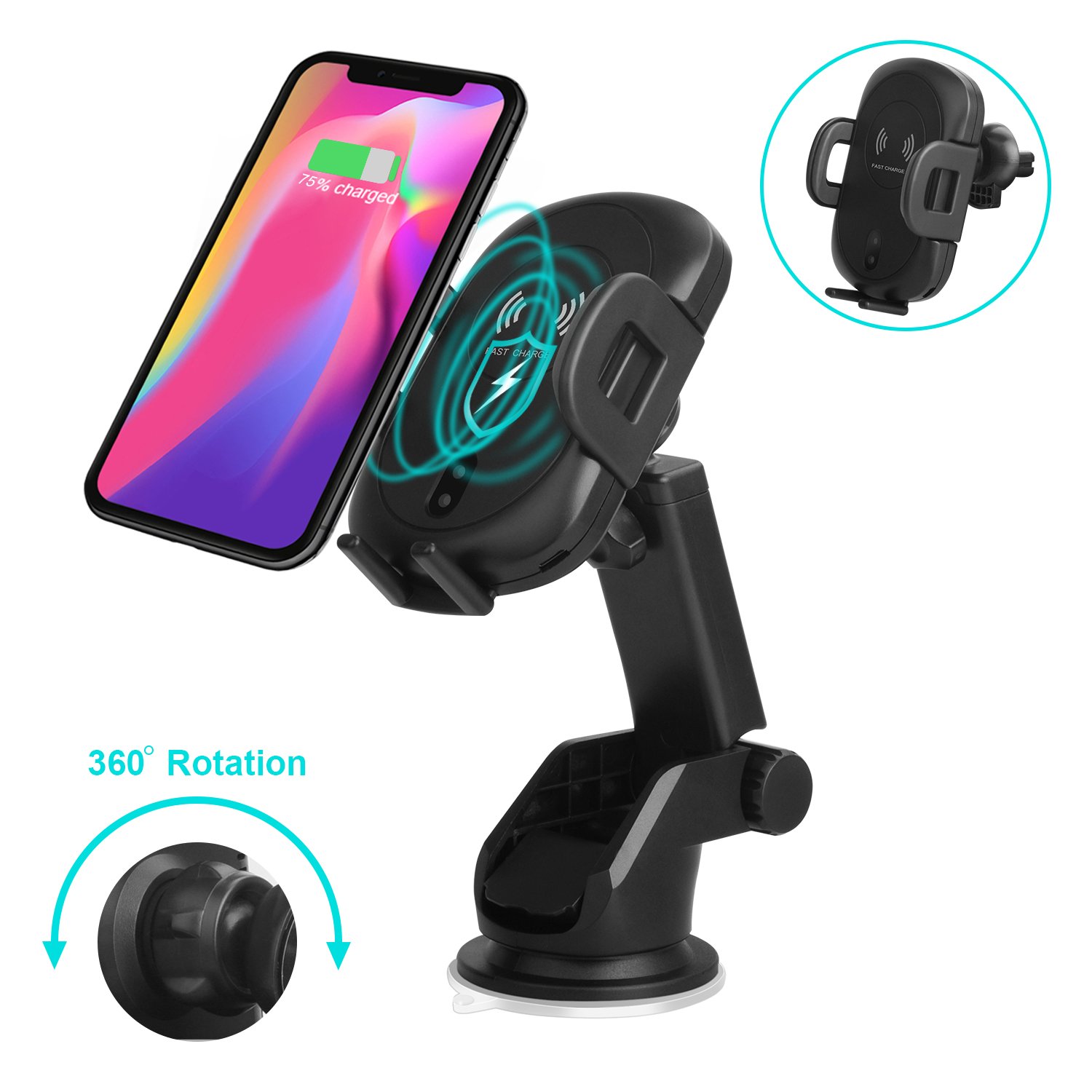 Car Wireless Charger, 2 In 1 Wireless Fast Car Charger Automatic Infrared Motion Sensor Air Vent Holder for iPhone X 8 8S Note8, S8, S8+, S7 Edge, S7, Note5, S6 and all QI Enabled Devices, Black
