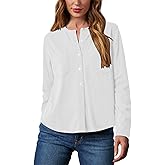 Sunborui Women's Long Sleeve Round Neck Blouses Button Down Placket Shirts Tops with Pockets
