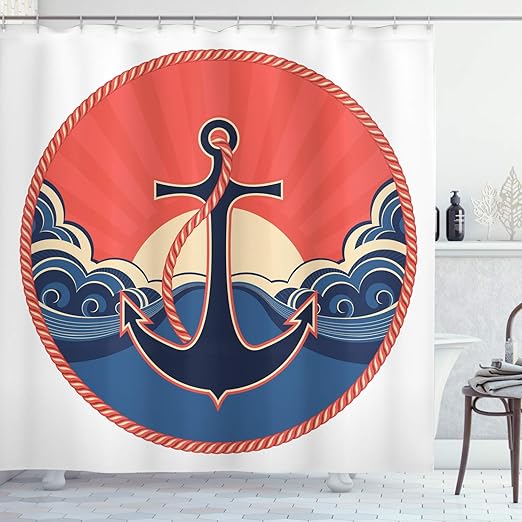 Amazon Com Ambesonne Anchor Decor Shower Curtain Set Navy Label With Robe And Sea Waves At Sunset Anchor Retro Sailing Aquatic Life Icons Bathroom Accessories 84 Long Extra Red Blue Yellow Home