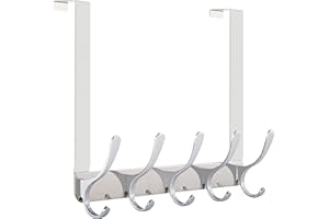 SKOLOO Over The Door Hook - 5 Hooks, Over Door Hook Hanger for Hanging Clothes/Towels/Coats/Backpack/Hat, Over Door Coat Rack (Silver)