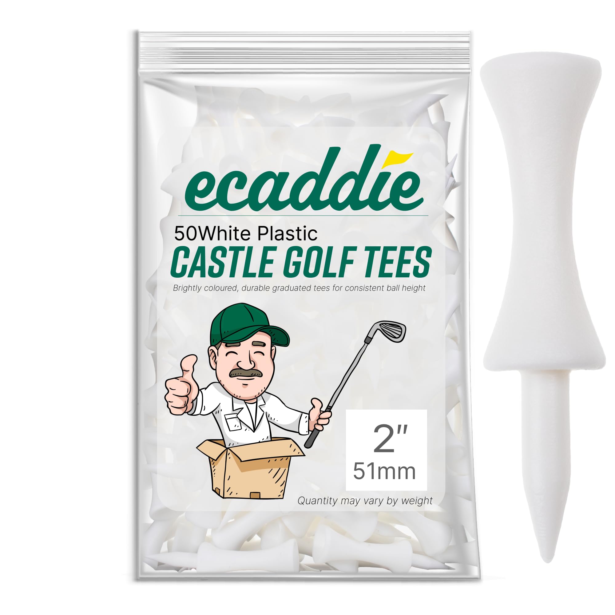 ECADDIE White Golf Tees 51mm (50 Pack) - Bright White Castle Golf Tees Plastic for Driving - Durable White Castle Tees Excellent for Driver Tees - Castle Tees Golf Accessories for Golf Gifts