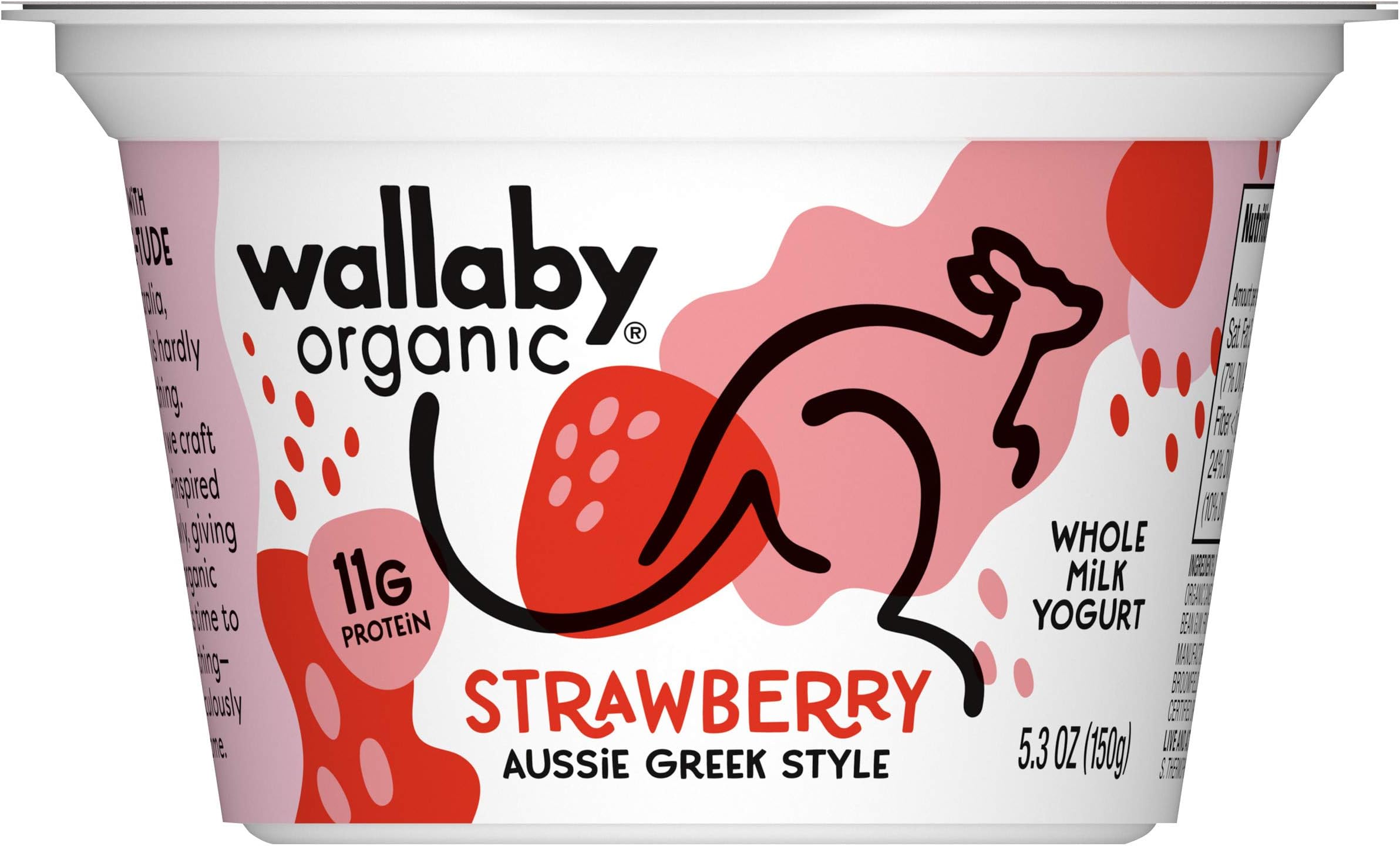 Wallaby Organic Aussie Greek Whole Milk Yogurt, Strawberry, USDA Organic, 5.3 oz.