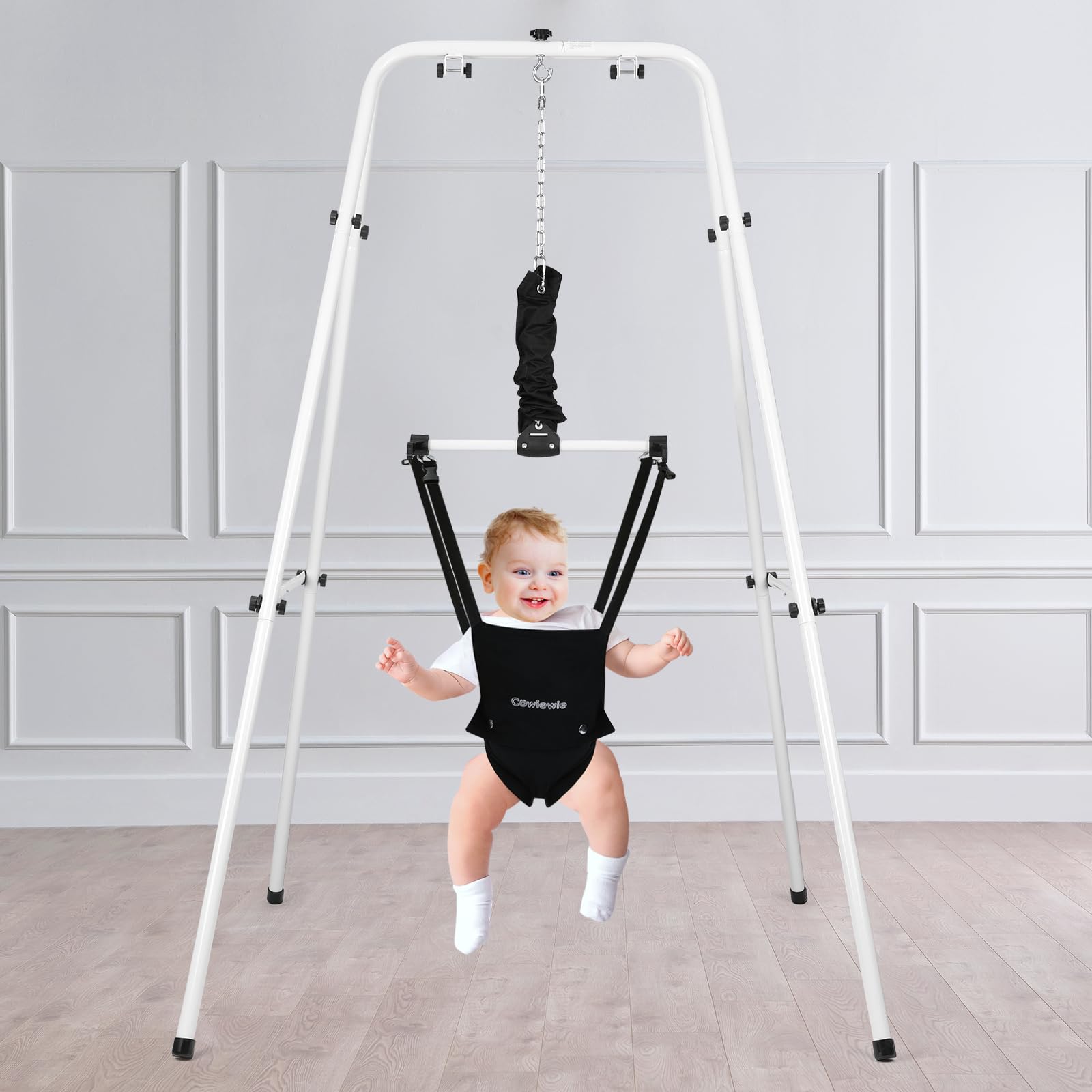 Baby Jumper with Stand, w/Walking Harness Function, for Infant 6-12 Months, Strong Support Stand for Small Spaces, White+Black