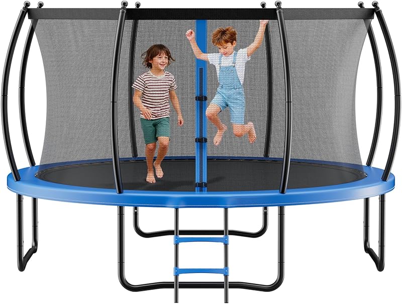 Trampolim ao ar livre 305 x 236 cm, trampolim infantil com rede protetora e almofada grossa, capacidade máxima de 150 kg, trampolim exterior, presente de aniversário para crianças