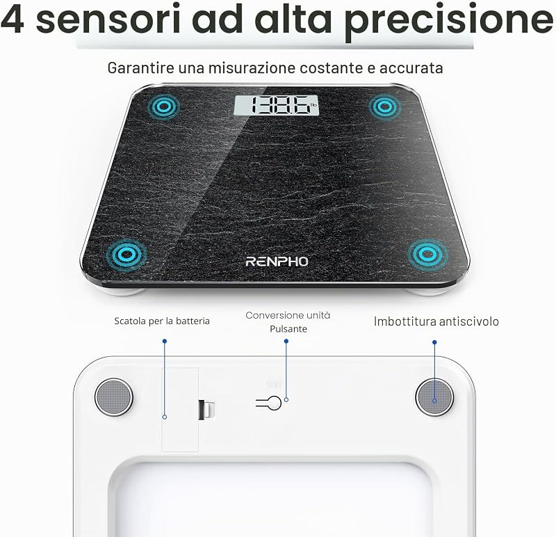 Bilancia da bagno digitale per peso corporeo, bilancia elettronica da bagno con sensori ad alta precisione, macchina accurata per persone, display a LED, step-on (ST/LB/KG), marmo, Core 1S
