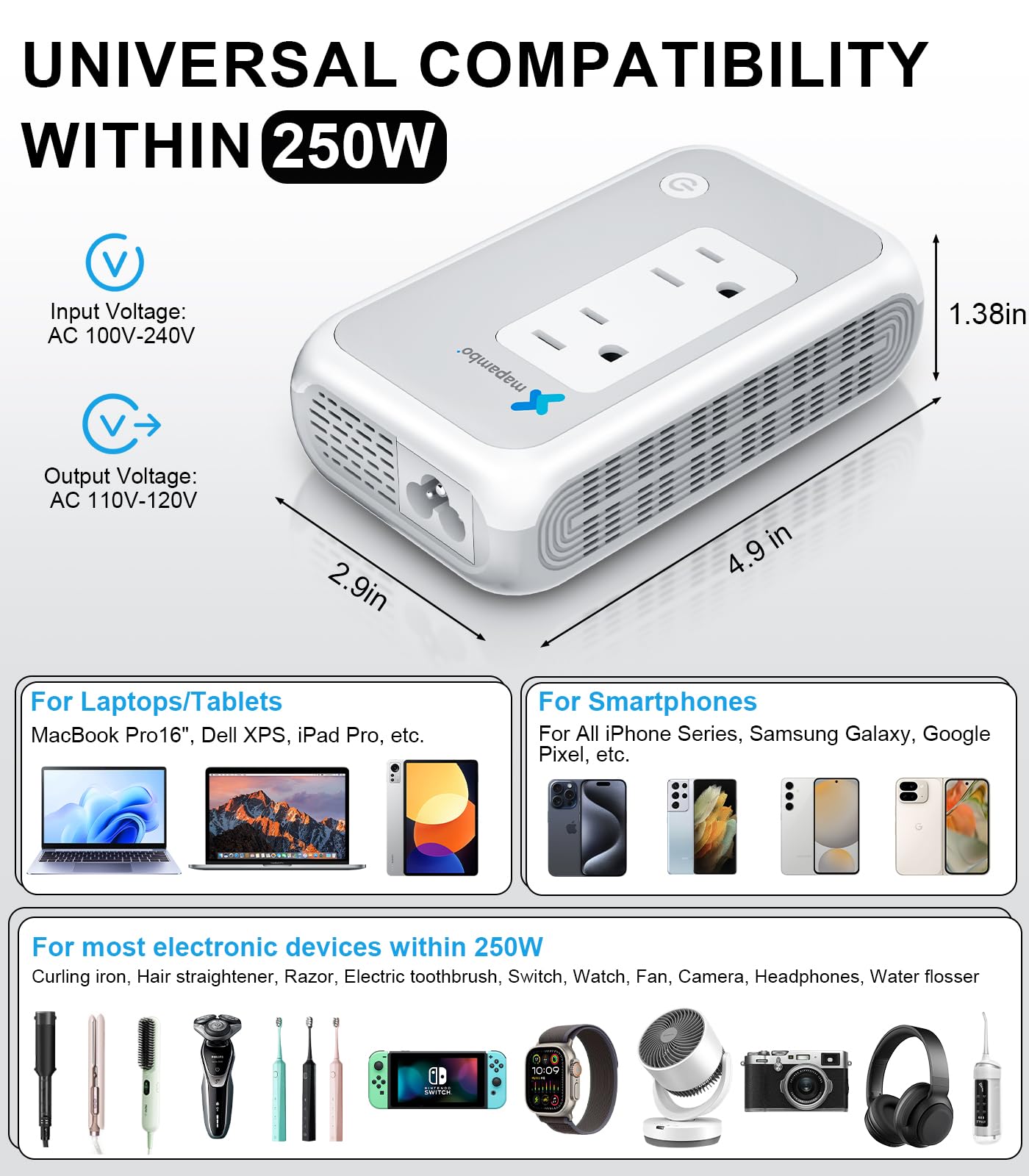 220V to 110V Converter, Mapambo 250W Voltage Conterver US to Europe, Step Down Converter for Curling Iron, Straightener-2 AC Sockets with 2 USB-A & 2 USB-C Ports