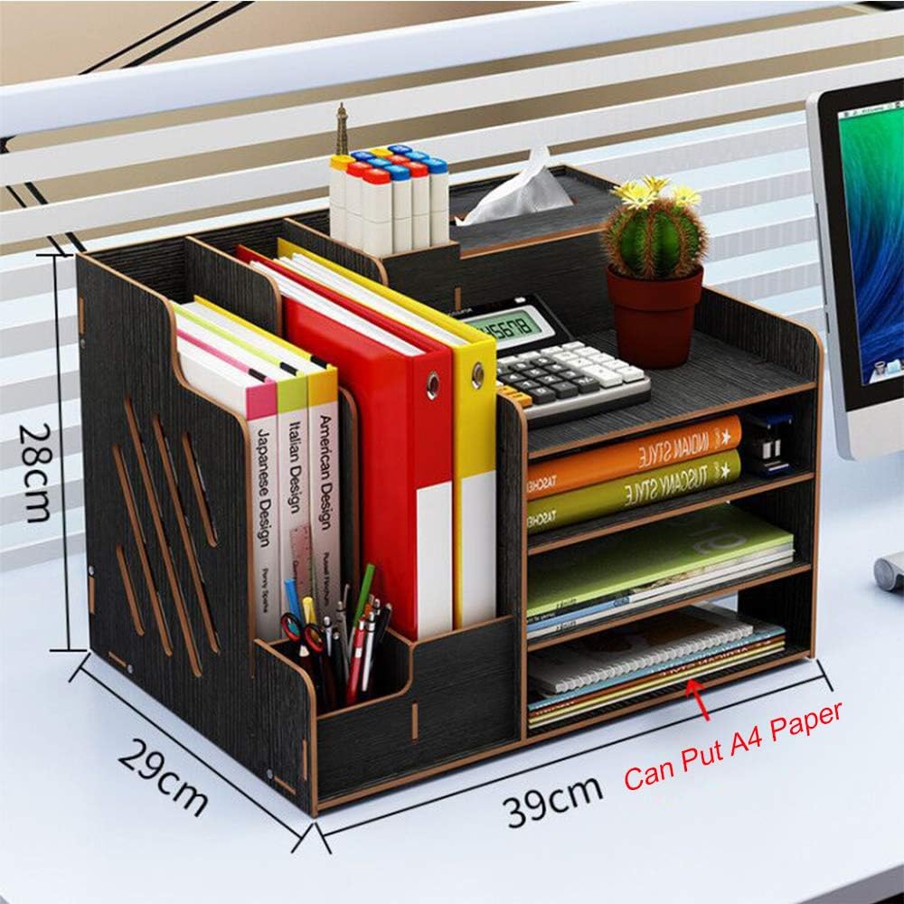 Hggzeg Wooden Desk Organizer, Large Capacity DIY Office Supplies Storage Box File Rack Paper Document Magazine Holder Sorter (Black) - Image 3