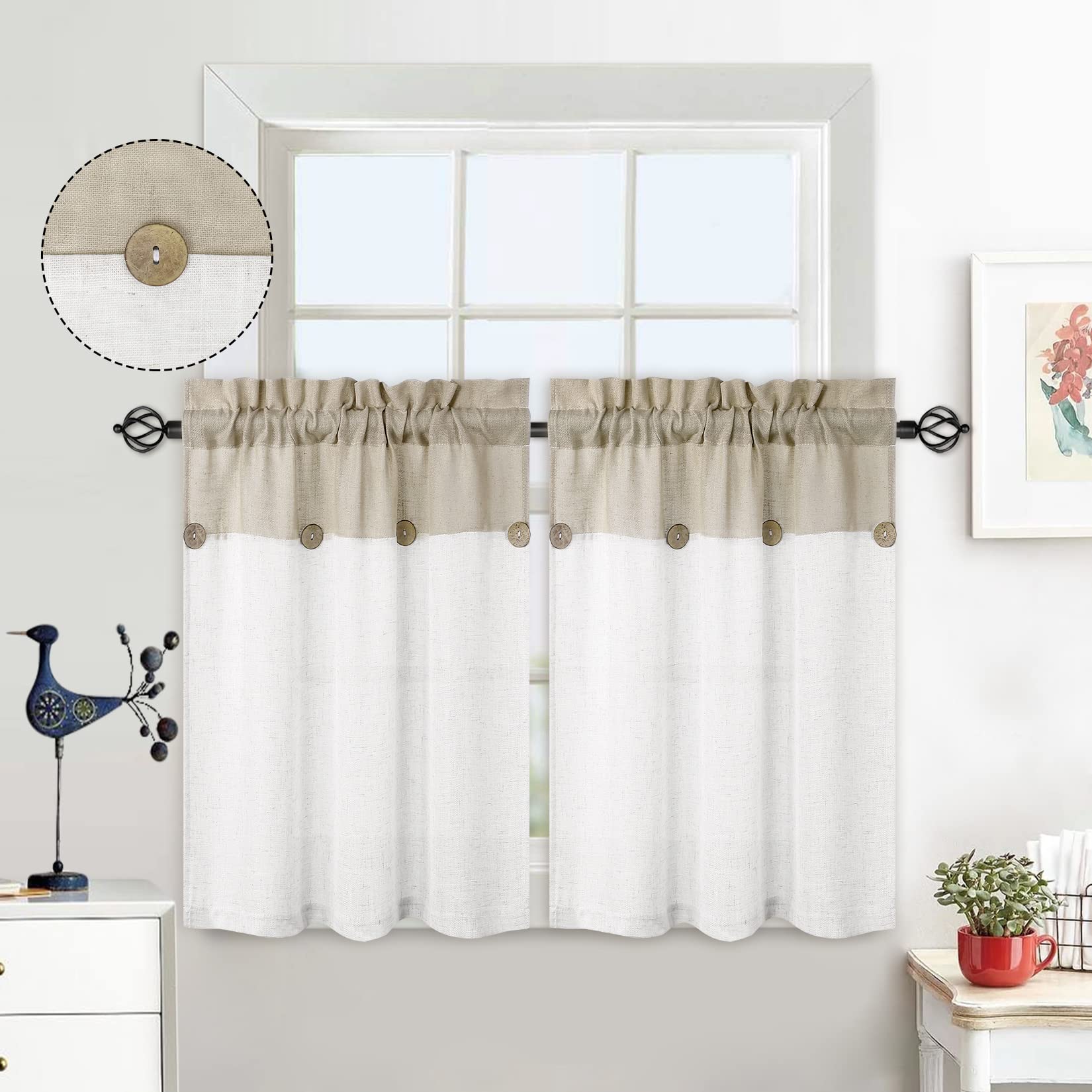 LuxFocus Patchwork Buttons Pattern Cafe Bathroom Half Window Curtains for Bedroom with Rod, 2 Panels, W 27 x L 30 inch, Taupe