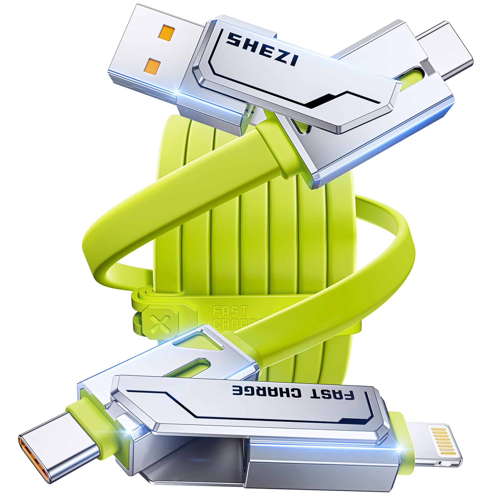 Photo 1 of [2025 Upgrade] 4-in-1 USB C Cable 60W 5FT Compatible With Lightning Cable [Fast Charging & Data Transfer] Flat Type C/A to C/L Cord for iPhone/iPad, Multi Charger Wire Combo for All Devices (Green)