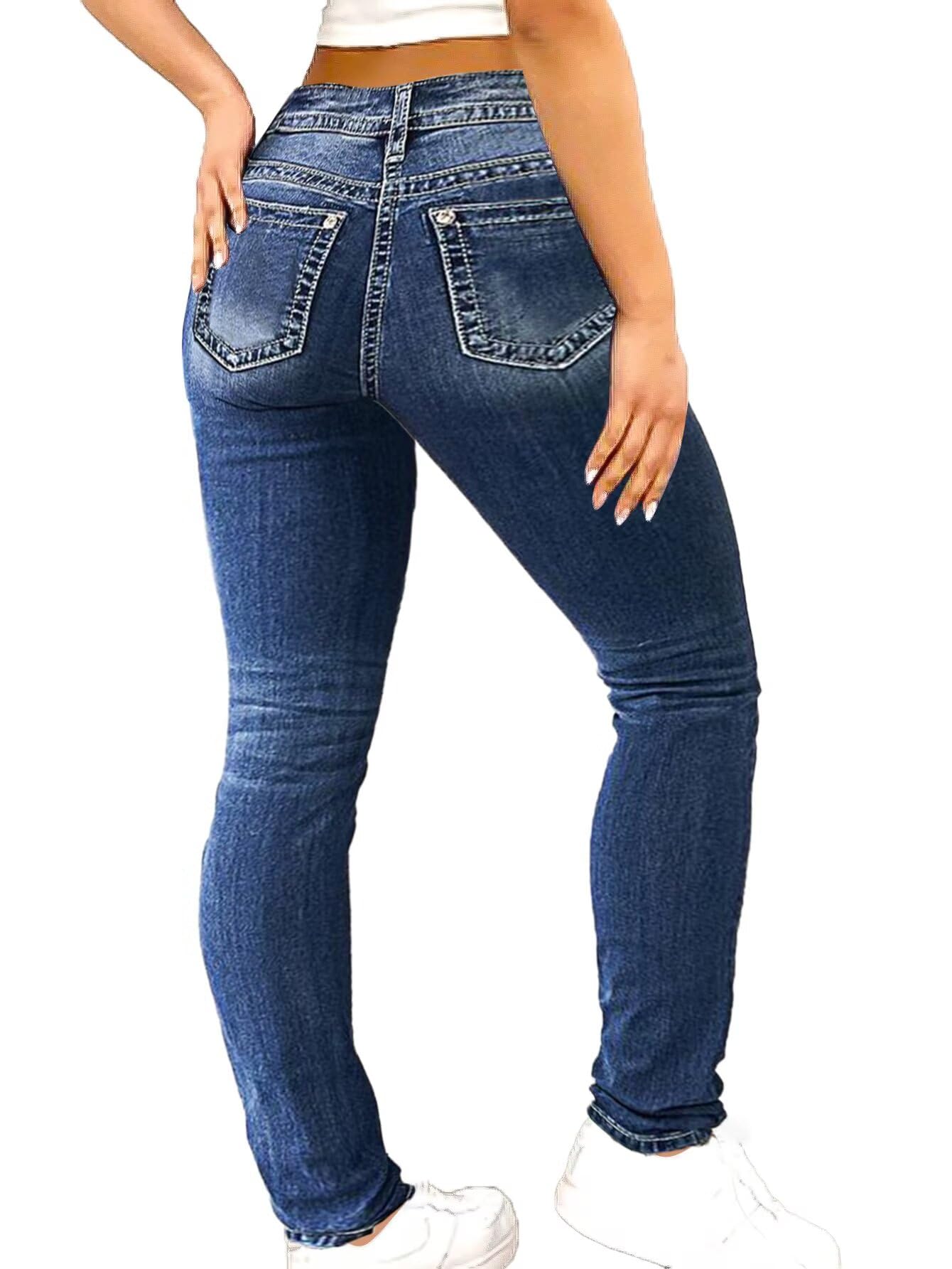 Photo 1 of Flamingals Women's Butt Lifting Skinny Leg Jeans Stretchy Tummy Control Mid Rise Denim Jeans Deep Blue Denim M