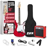 LyxPro 39 inch Electric Guitar Kit Bundle with 20w Amplifier, All Accessories, Digital Clip On Tuner, Six Strings, Two Picks, Tremolo Bar, Shoulder Strap, Case Bag Starter kit Full Size - Red