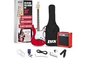 LyxPro 39 inch Electric Guitar Kit Bundle with 20w Amplifier, All Accessories, Digital Clip On Tuner, Six Strings, Two Picks, Tremolo Bar, Shoulder Strap, Case Bag Starter kit Full Size - Red