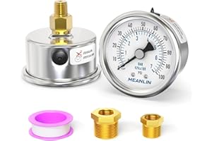 MEANLIN MEASURE 0~100Psi Dry Pressure Gauge Stainless Steel 1/8" NPT 2" FACE DIAL Waterproof for Well Pump Water Tire Water Pressure Tester Back Mount with 1/4" NPT and 3/8" NPT Hex Bushing