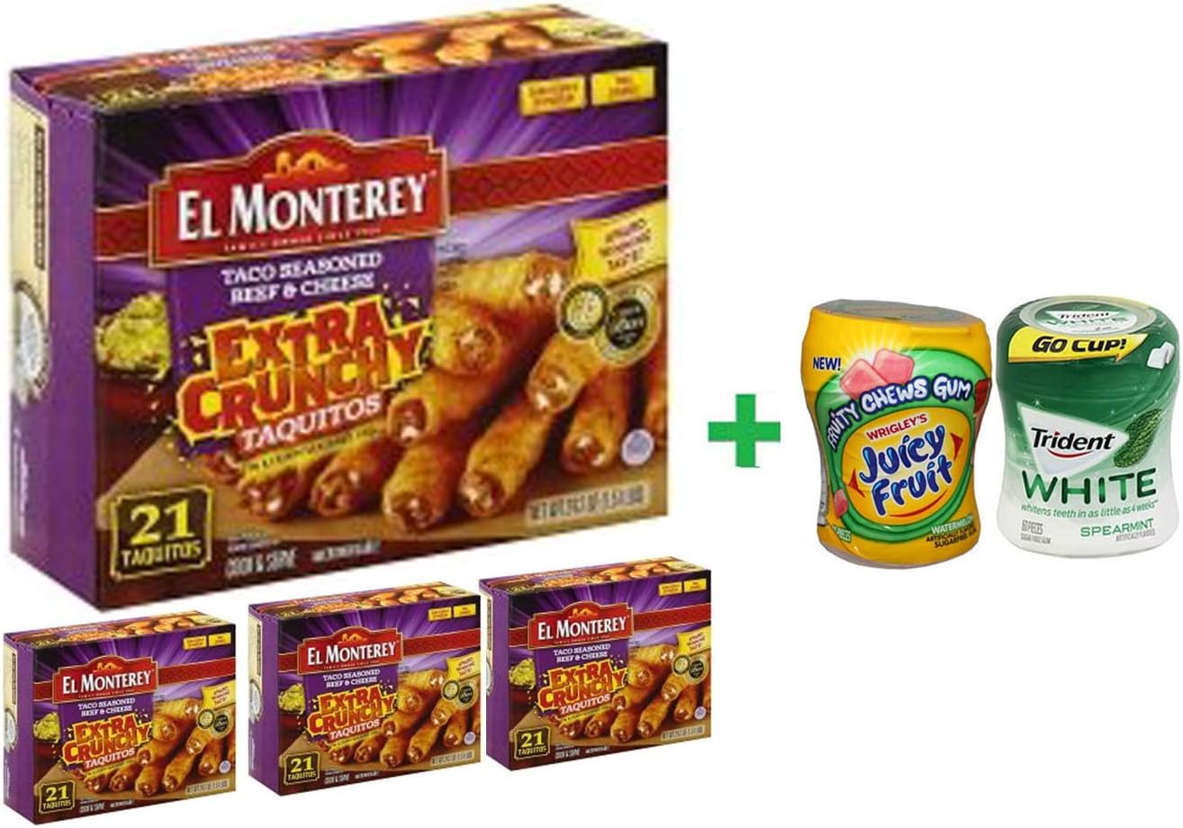 El Monterey Taco Beef Taquito Extra Crunchy - 24.2 Oz (4 PACK)+ Fruity Chews Gum Watermelon 1/60 Count + Trident Go Cup Spearmint 1/60 Count (BUNDLE)