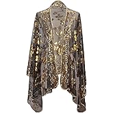 CABODYALS Black Floral Lace Embroidered Shawl Wraps Gold Sparkly Beaded Sequin Scarf Cape Flower Leaf Vine Pattern Vintage 1920S Long Sheer Pashmina Shawls for Women Evening Dress Wedding Bridal Party