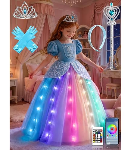 Princess Dress for Girls, RGB LED Light Up Syncs Music App Control Dress Up Clothes for Gilrs, Halloween Costume with Accessories Toddler Princess Dress for Birthday Party, Christmas, 3-9 Years Old