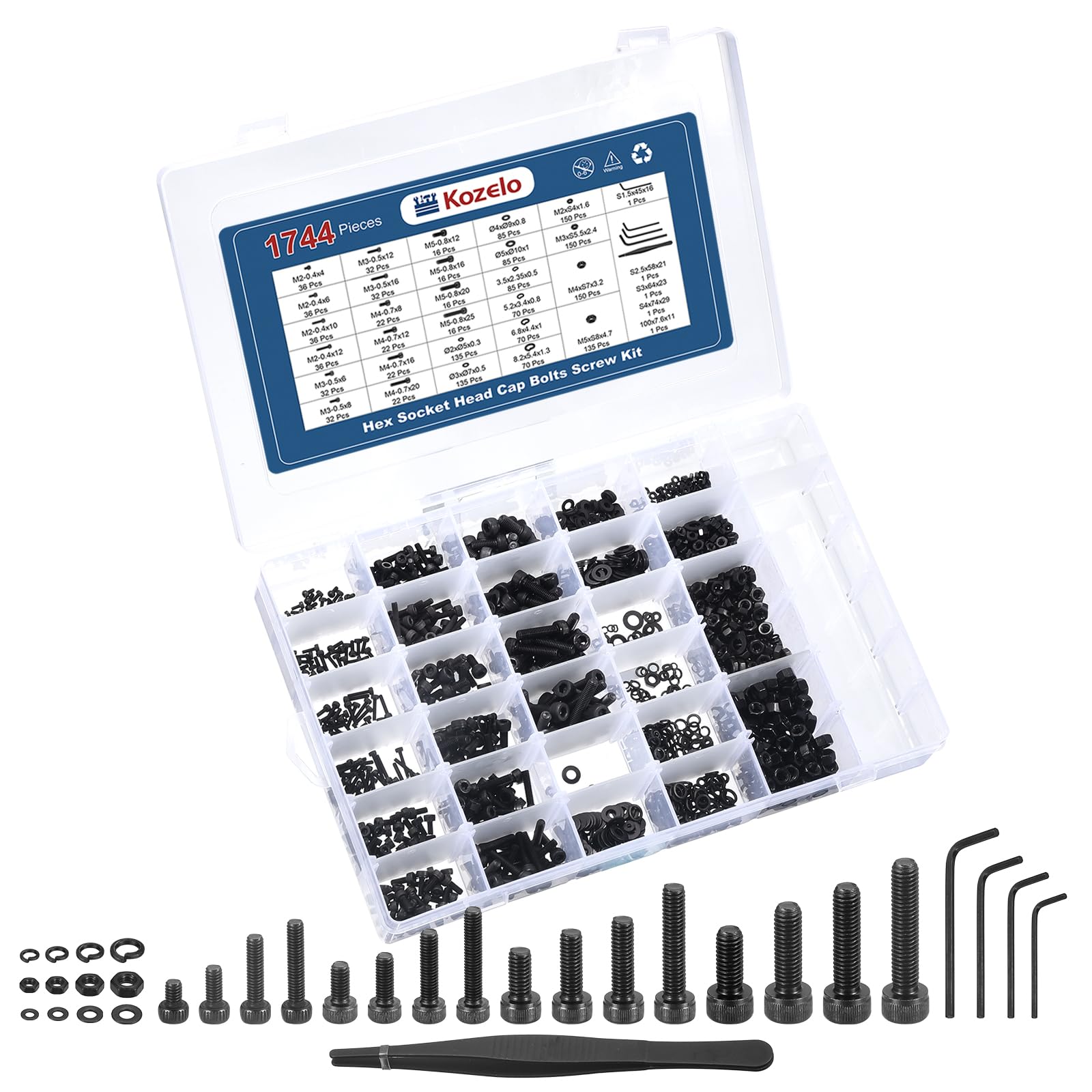 Kozelo 1744pcs Socket Head Cap Screws Bolts Nuts Assortment Kit - [M2/M3/M4/M5] Alloy Steel Black Oxide 12.9 Internal Hex Screw for 3D Printer Use, with Wrench
