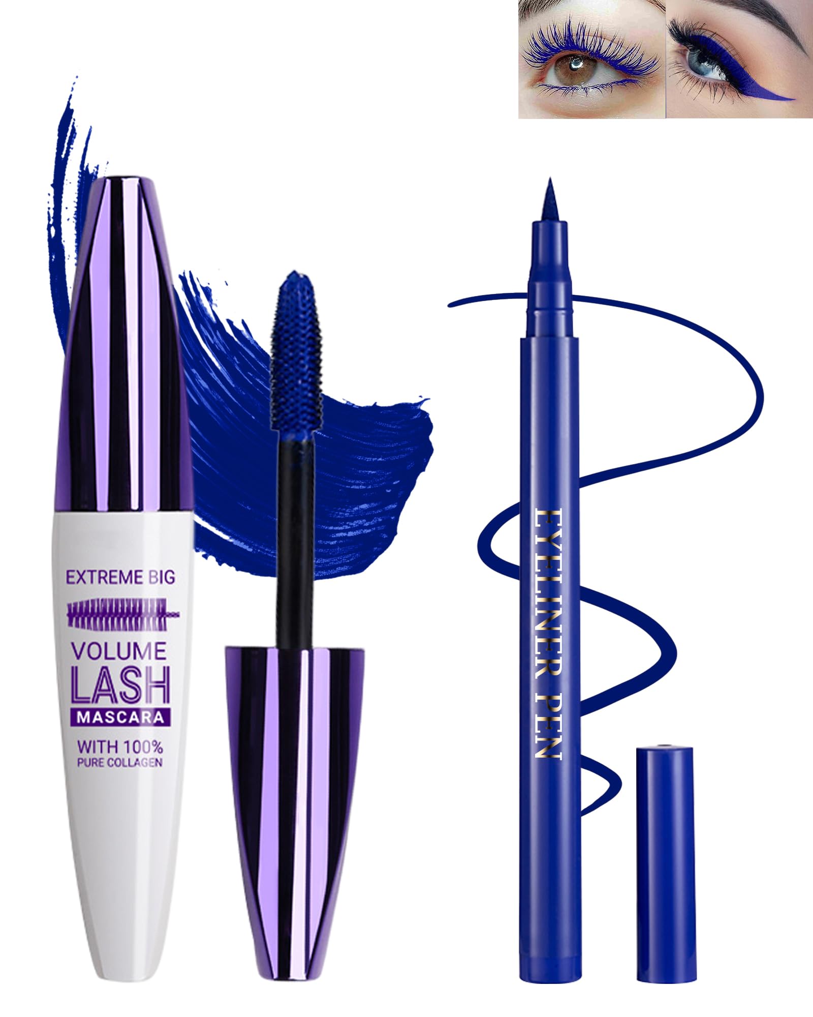 Blue Waterproof Mascara & Eyeliner Set, 5D Silk Fiber Liquid Lash Extensions Colored Tubing Mascara Volume and Length, Long Lasting, Smudge-Proof, Curling Non-Clumping & Smooth Eyeliner Pen for Women