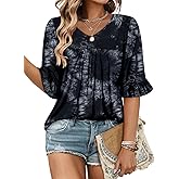 CHICZONE Womens 3/4 Length Bell Sleeve Tops Loose Summer Tunic Shirts Dressy Casual Blouses