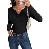 Rooscier Women's Notched V Neck Frill Lace Button Ribbed Knit Long Sleeve Slim Fit Blouse Top Shirt