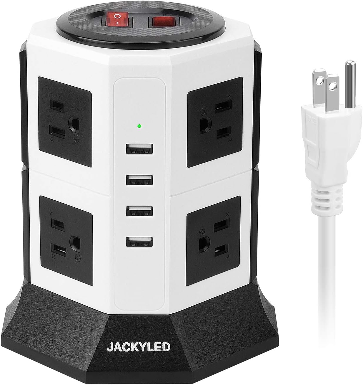 Surge Protector Power Strip Tower JACKYLED 8 AC Outlets 3000W 15A and 4 USB 8A Desktop Smart Charging Station Multiple Protection Heavy Duty 6.5ft 14 AWG Extension Cord White and Black