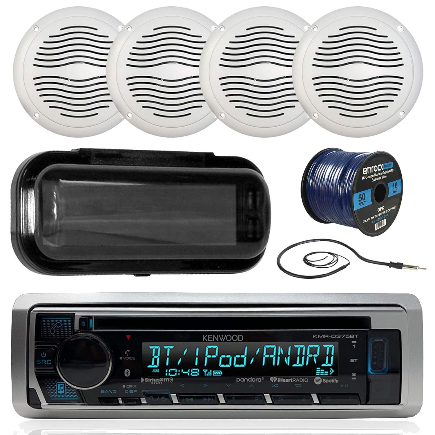 Kenwood Marine KMRD In-Dash Audio Bluetooth CD Player Receiver Bundle Combo w/ Waterproof Shield Cover, 4x 5 Marine Boat White Outdoor Speakers, Enrock Radio Antenna, 16-Gauge 50-Foot Speaker Wire