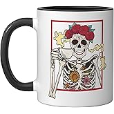 Sugar Skull Dia De Los Muertos Floral Skeleton Coffee Ceramic Mug, Black/White