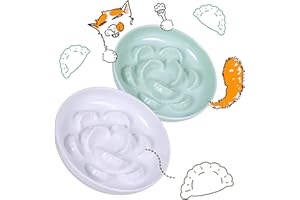 FULLCHARM 2 Pcs Cat Slow Feeder Bowl Set - Unbreakable Melamine Cat Food Plates for Slow Eating - Cute Kitten Plates for Wet & Dry Food- Whisker Friendly & Dishwasher Safe & Non Slip Design (White + Green)