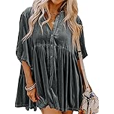 Melliflo Womens Velvet Dress Button Down T Shirt 3/4 Sleeve Tunic Tops Casual Lapel Babydoll Mini Dress