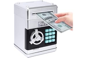 PhilaeEC Piggy Bank for Girls and Boys, Kids Real Money Saving Box Auto Scroll Paper Money Bank, Electronic ATM Cash Coin Bills Can Money Bank for Children, Best Birthday & Xmas Gift for Kids (Silver)