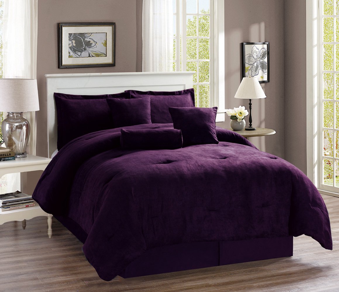 7Piece Oversize SOLID PURPLE Micro Suede Comforter Set California 100
