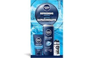 NIVEA MEN Refreshing Routine, Holiday Gift Set for All Skin Types, Includes Shower Gel, Face Wash and Roll-On Antiperspirant,